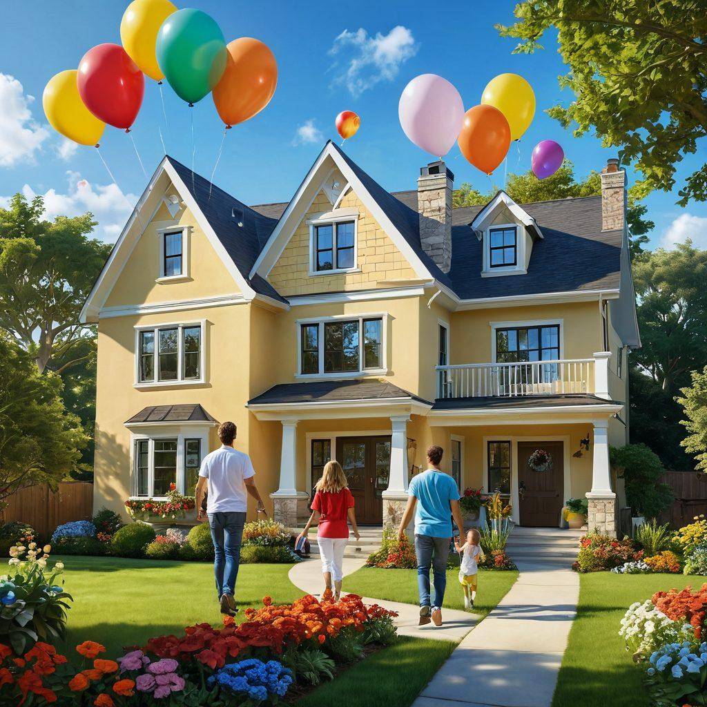 A serene and inviting scene showcasing a diverse group of happy families happily exploring their new dream homes, surrounded by lush greenery and colorful flowers. Include bright blue skies and cheerful sunlight illuminating the properties, symbolizing joy and positive experiences in real estate transactions. Add playful elements like balloons and children laughing nearby. vibrant colors. super-realistic.