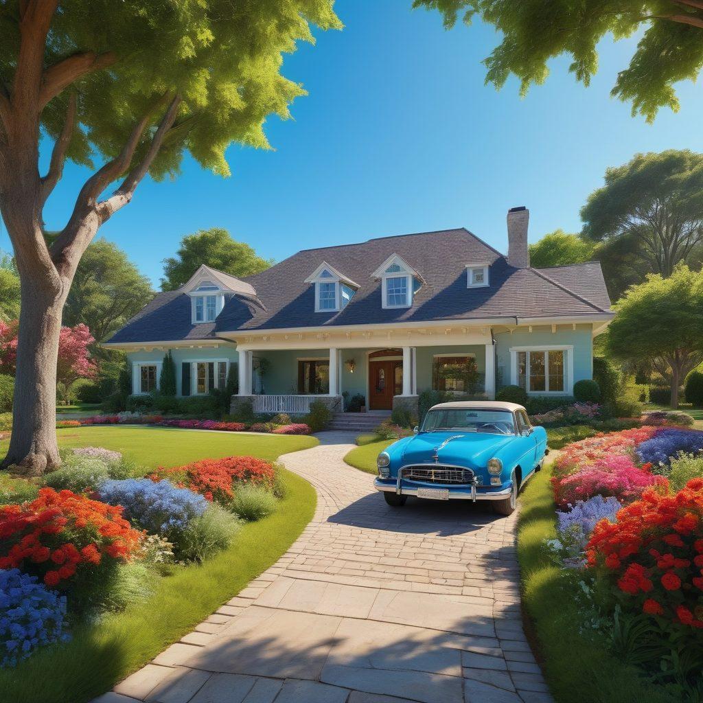 A serene landscape featuring a luxurious estate surrounded by lush greenery and vibrant flowers, with a clear blue sky overhead. Include a joyful couple holding hands while exploring the property, with a 'Sold' sign in the front yard and a friendly real estate agent guiding them. Incorporate elements like a stylish car parked nearby and children playing on the lawn to represent family happiness. super-realistic. vibrant colors. sunny atmosphere.