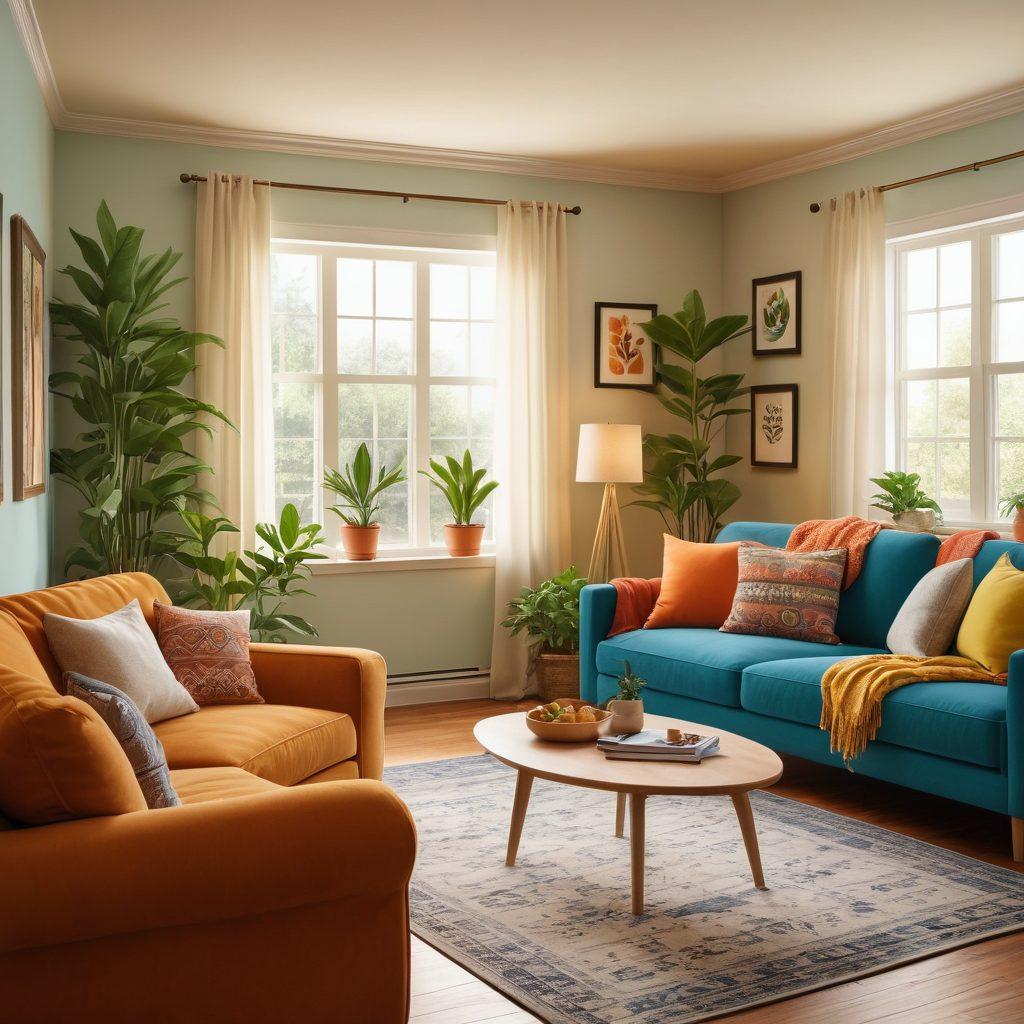 A cozy and inviting home interior showcasing a well-lit living room with cheerful decor, happy families of diverse backgrounds enjoying time together, plants and personal touches adding warmth, a subtle touch of real estate elements like blueprints or keys in the foreground. super-realistic. vibrant colors. warm tones.